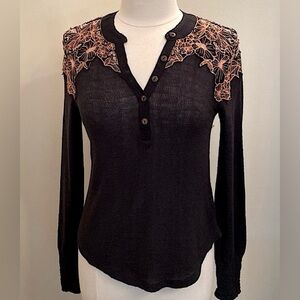 Free People Black Easy Breezy Gauzy Henley Embroidered Long Sleeve Top Size S